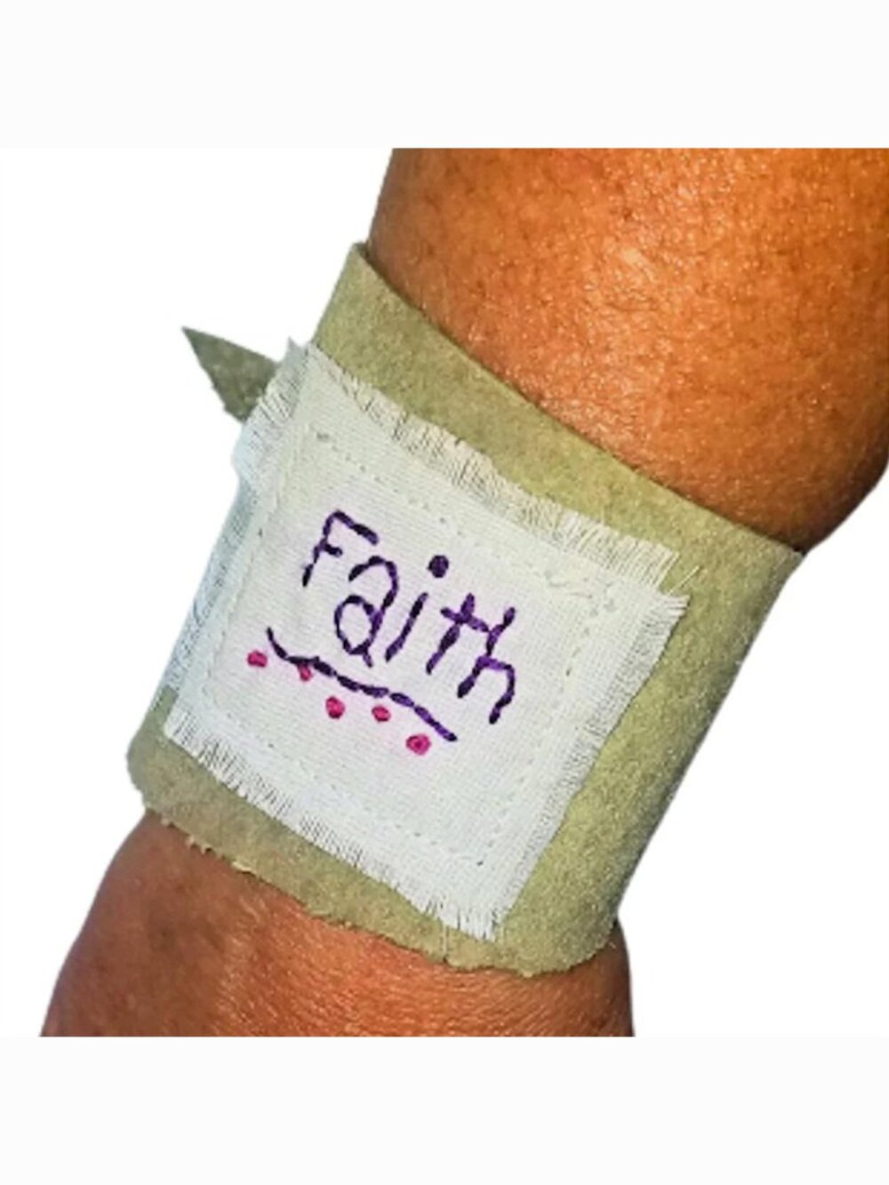 Faith Bracelet Wide Green Suede Leather Cuff Hand Embroidered Religious Jewelry